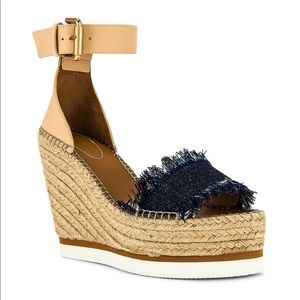 See By Chloe Glyn Denim fringe wedge Espadrilles